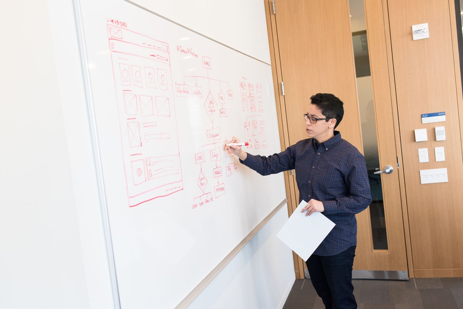 Engineer sketching a system diagram on a whiteboard